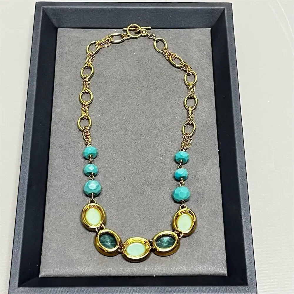Monet Gold‎ Tone Aqua Cabochon Beaded Necklace 18” Toggle Statement